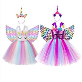 Amazon hot sale Sequin Unicorn Tutu Dress for Girls 1-10Y with Headband Wing Birthday Dance Party Dresses