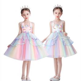 Hot sale Applique Girl Unicorn Princess dresses Ruffles Kids Clothing Costume Birthday Party Dress