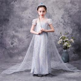 2022 Girl Party Dress short sleeve white Sequined Elsa Cosplay Dresses Up for Christmas Halloween