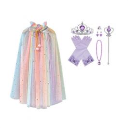 Sequins Princess Party Cosplay Cape Costume Colorful Kids Girls Princess Tulle Cloak with Tiara Magic Wand Set