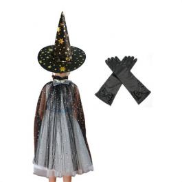 New arrival children Halloween clothing sequins black cloak capes with witch hat gloves suit for kids girls