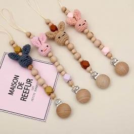 Custom Handmade Wooden Pacifier Chain Clip For Kids Cute Woolen Bunny Pacifier Clips For Baby