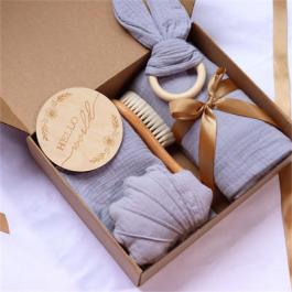 Custom Solid Color 5 Pcs /Set Bath Shower Baby Gift Box Set Moon Star Muslin Comforter Swaddle Teether Baby Blanket Gift Set