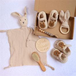 Cute Bunny Muslin Baby Comforter Toy Pacifier And Wood Teether For Newborn Custom Baby Shoes Gift Set